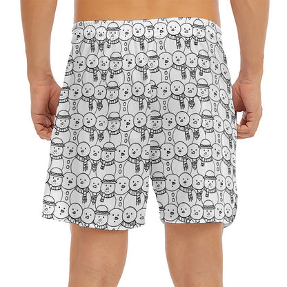 Black And White Snowman Pattern Print Men's Split Running Shorts