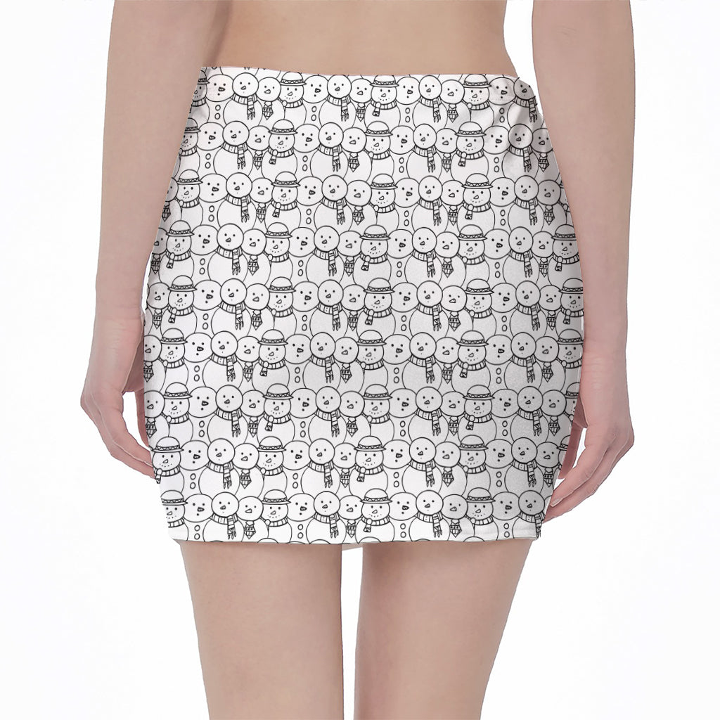 Black And White Snowman Pattern Print Pencil Mini Skirt