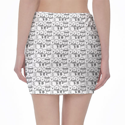 Black And White Snowman Pattern Print Pencil Mini Skirt