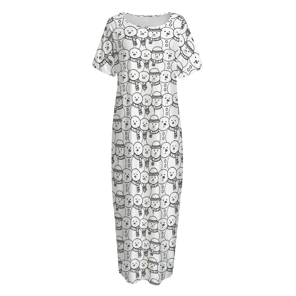 Black And White Snowman Pattern Print Short Sleeve Long Nightdress
