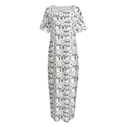 Black And White Snowman Pattern Print Short Sleeve Long Nightdress