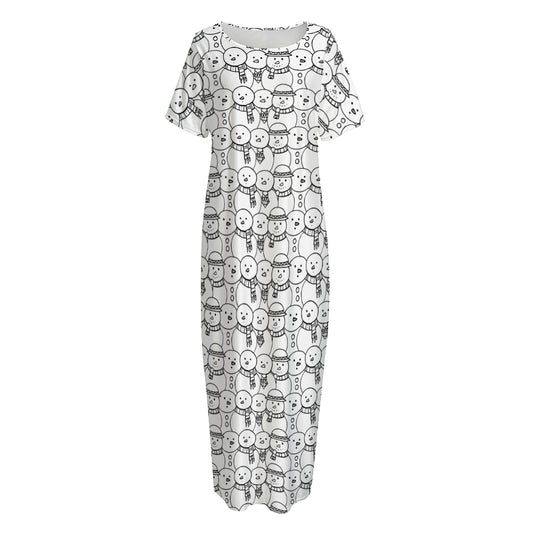 Black And White Snowman Pattern Print Short Sleeve Long Nightdress