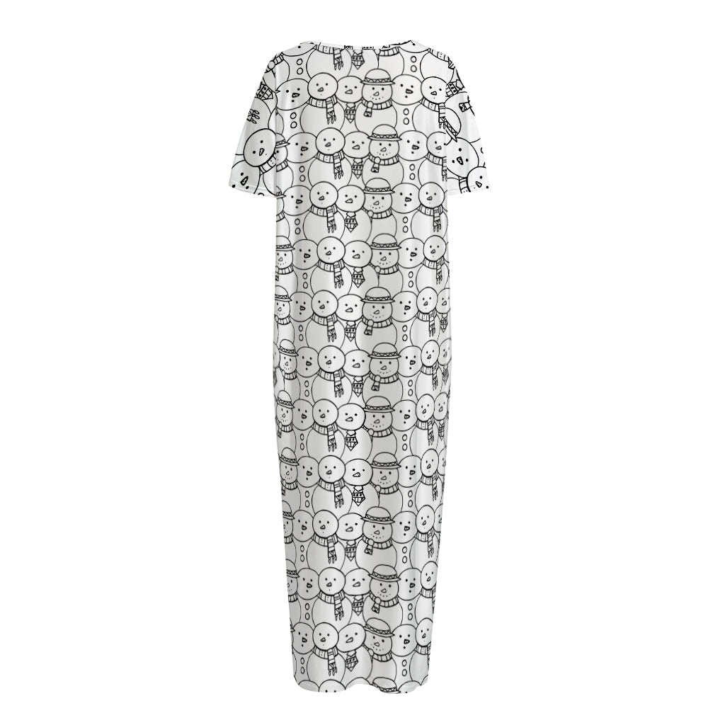 Black And White Snowman Pattern Print Short Sleeve Long Nightdress