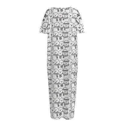 Black And White Snowman Pattern Print Short Sleeve Long Nightdress
