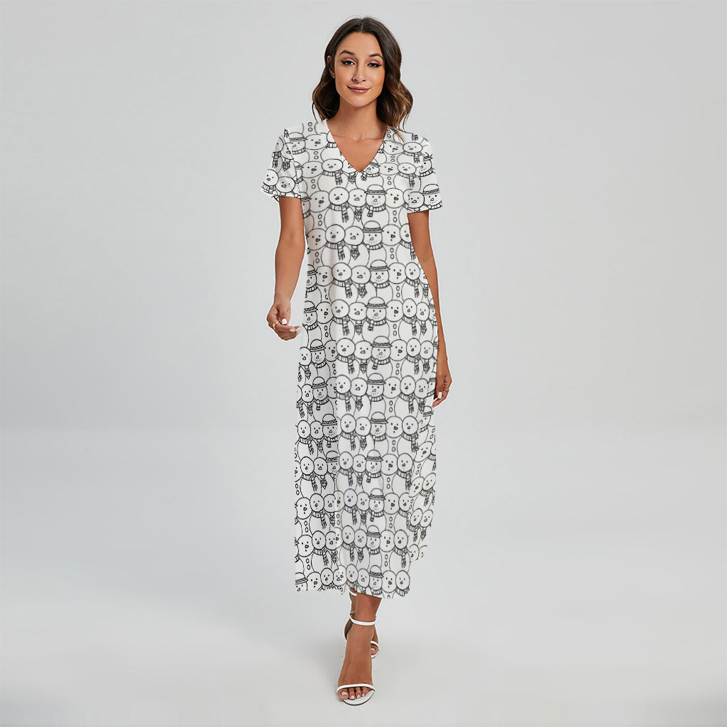 Black And White Snowman Pattern Print Short Sleeve Maxi Dress
