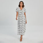 Black And White Snowman Pattern Print Short Sleeve Maxi Dress