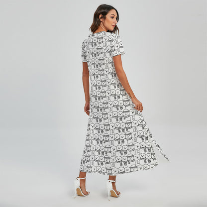 Black And White Snowman Pattern Print Short Sleeve Maxi Dress