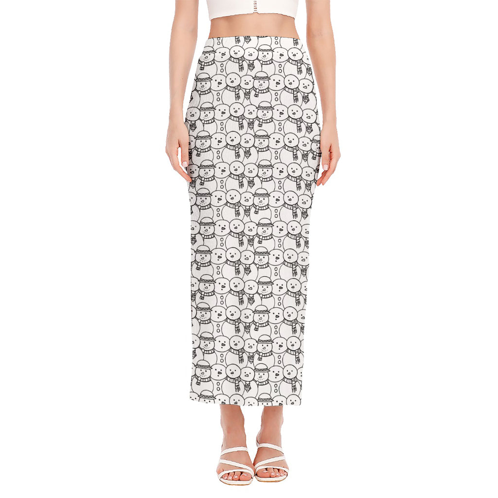 Black And White Snowman Pattern Print Side Slit Maxi Skirt
