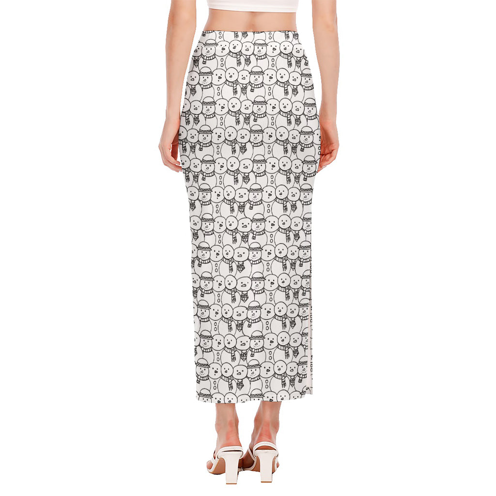Black And White Snowman Pattern Print Side Slit Maxi Skirt