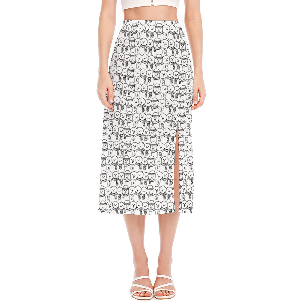 Black And White Snowman Pattern Print Side Slit Midi Skirt