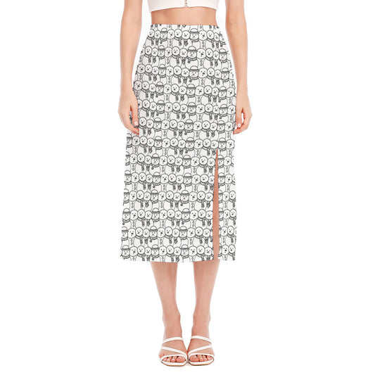 Black And White Snowman Pattern Print Side Slit Midi Skirt