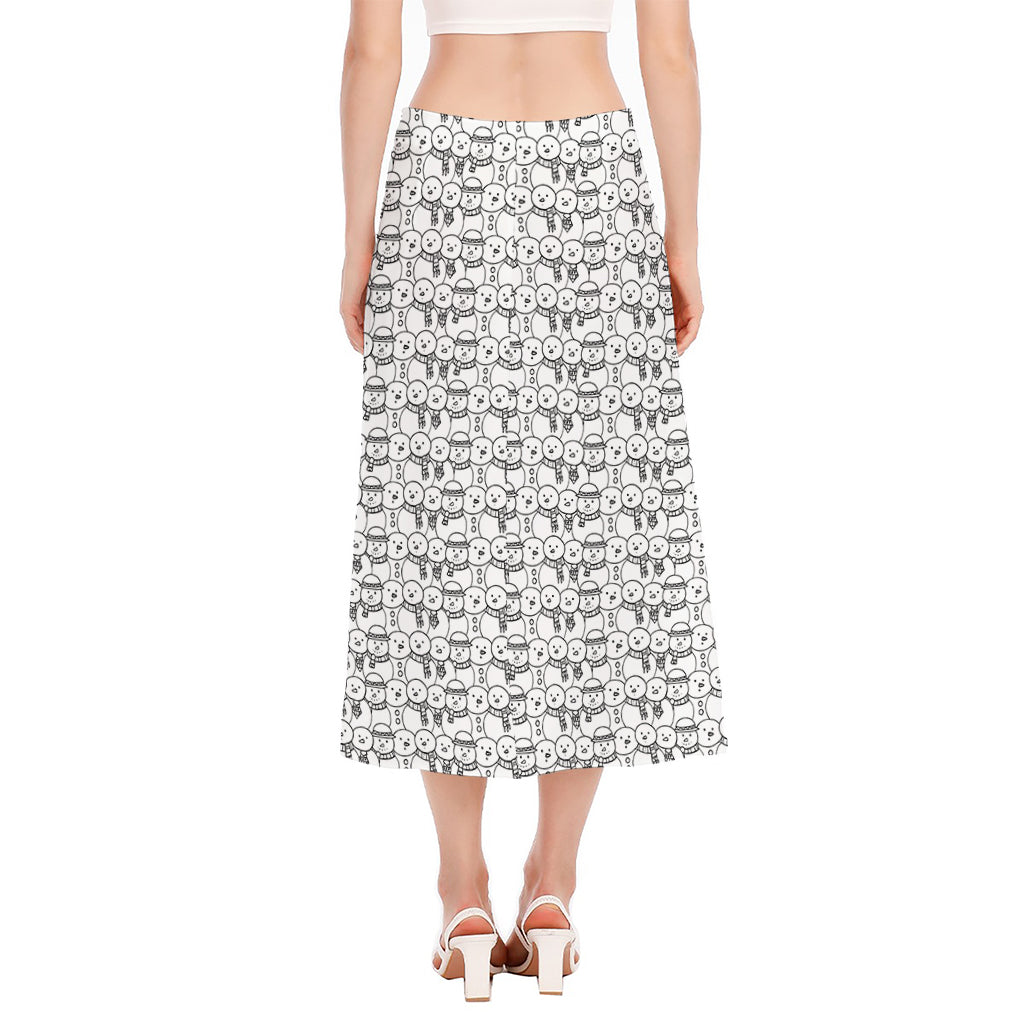Black And White Snowman Pattern Print Side Slit Midi Skirt