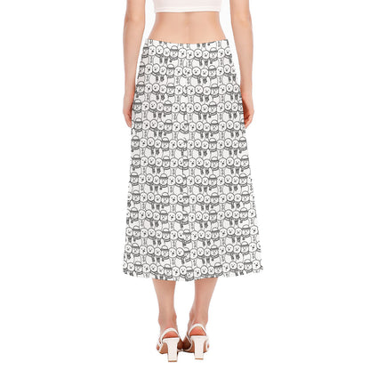 Black And White Snowman Pattern Print Side Slit Midi Skirt
