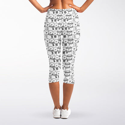 Black And White Snowman Pattern Print Women's Capri Leggings