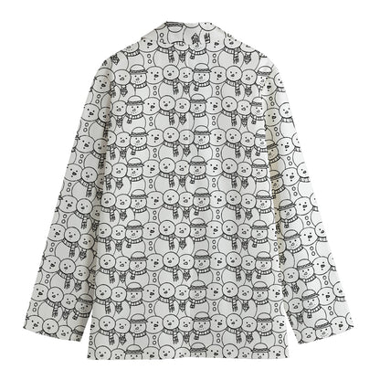 Black And White Snowman Pattern Print Women's Cotton Blazer