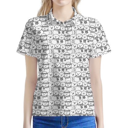 Black And White Snowman Pattern Print Women's Polo Shirt