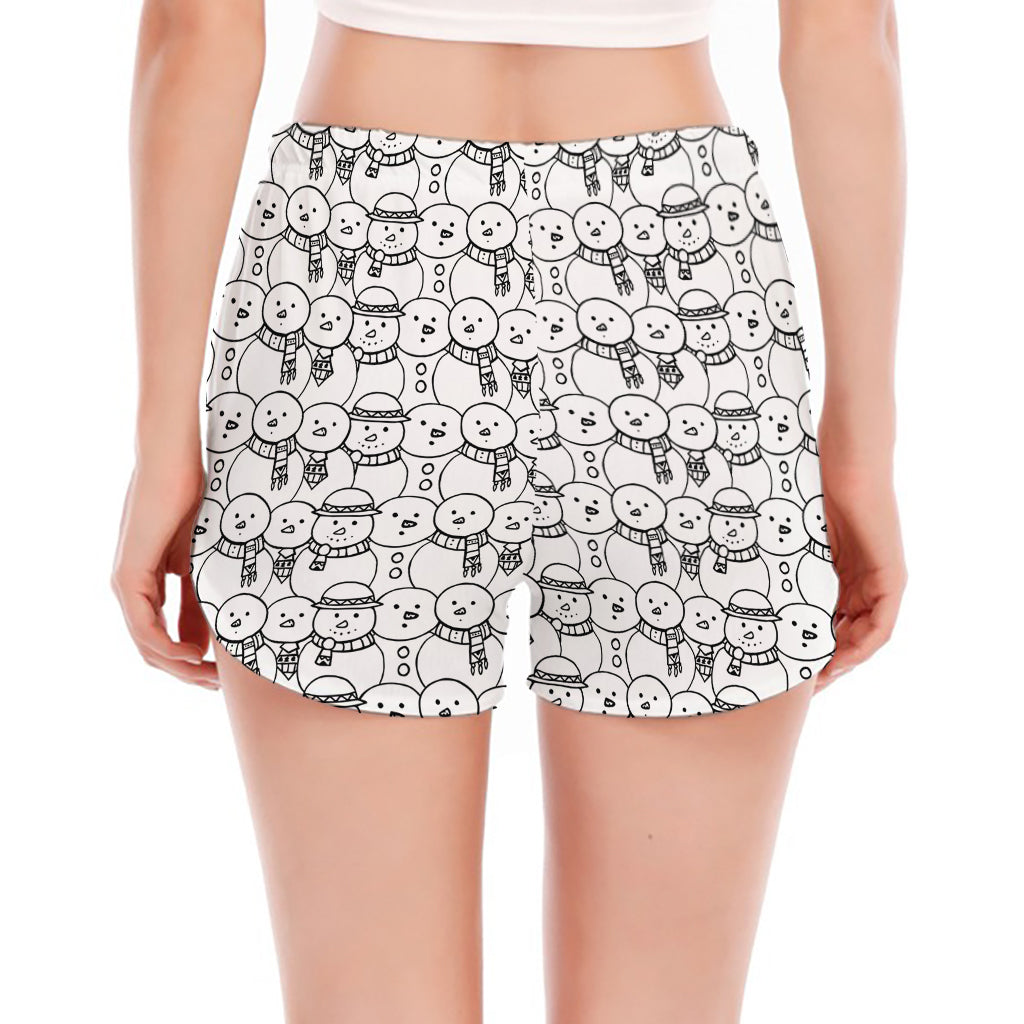 Black And White Snowman Pattern Print Women's Split Running Shorts