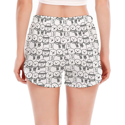 Black And White Snowman Pattern Print Women's Split Running Shorts