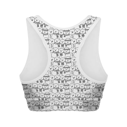 Black And White Snowman Pattern Print Women's Sports Bra