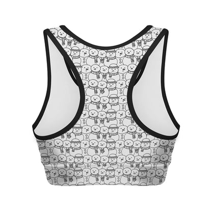 Black And White Snowman Pattern Print Women's Sports Bra