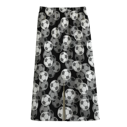 Black And White Soccer Ball Print Cotton Front Slit Maxi Skirt