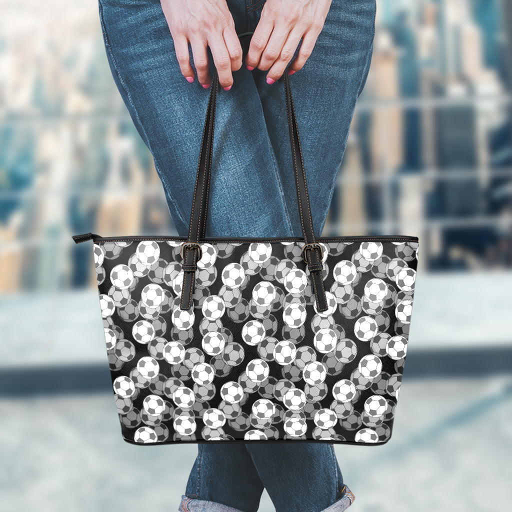 Black And White Soccer Ball Print Leather Tote Bag