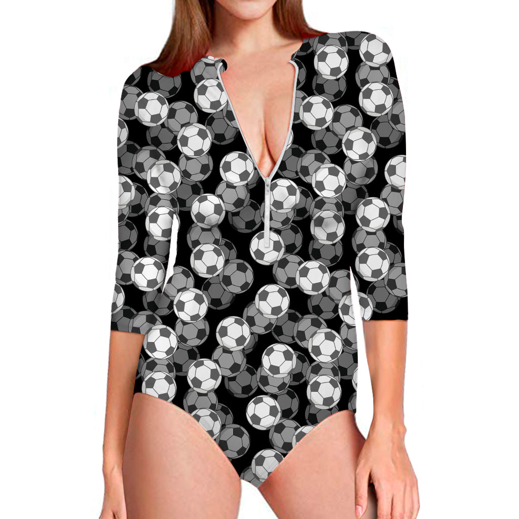 Black And White Soccer Ball Print Long Sleeve Swimsuit