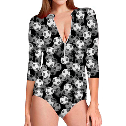 Black And White Soccer Ball Print Long Sleeve Swimsuit
