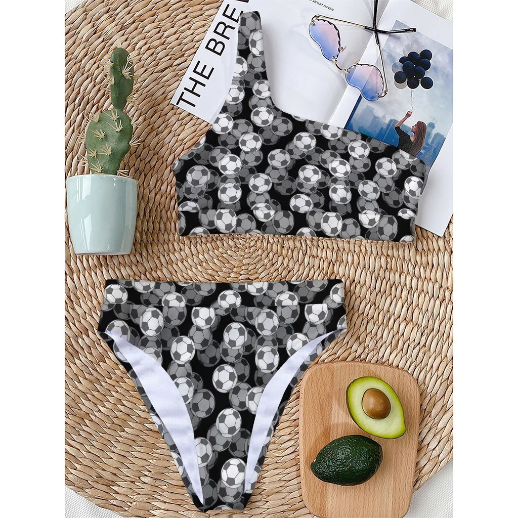 Black And White Soccer Ball Print One Shoulder Bikini Top