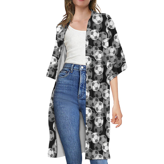 Black And White Soccer Ball Print Open Front Beach Cover Up