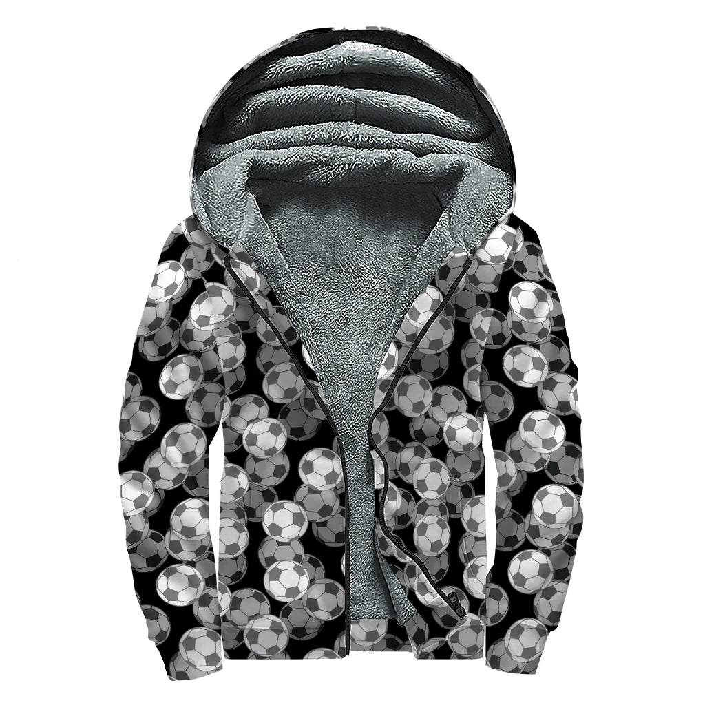Black And White Soccer Ball Print Sherpa Lined Zip Up Hoodie