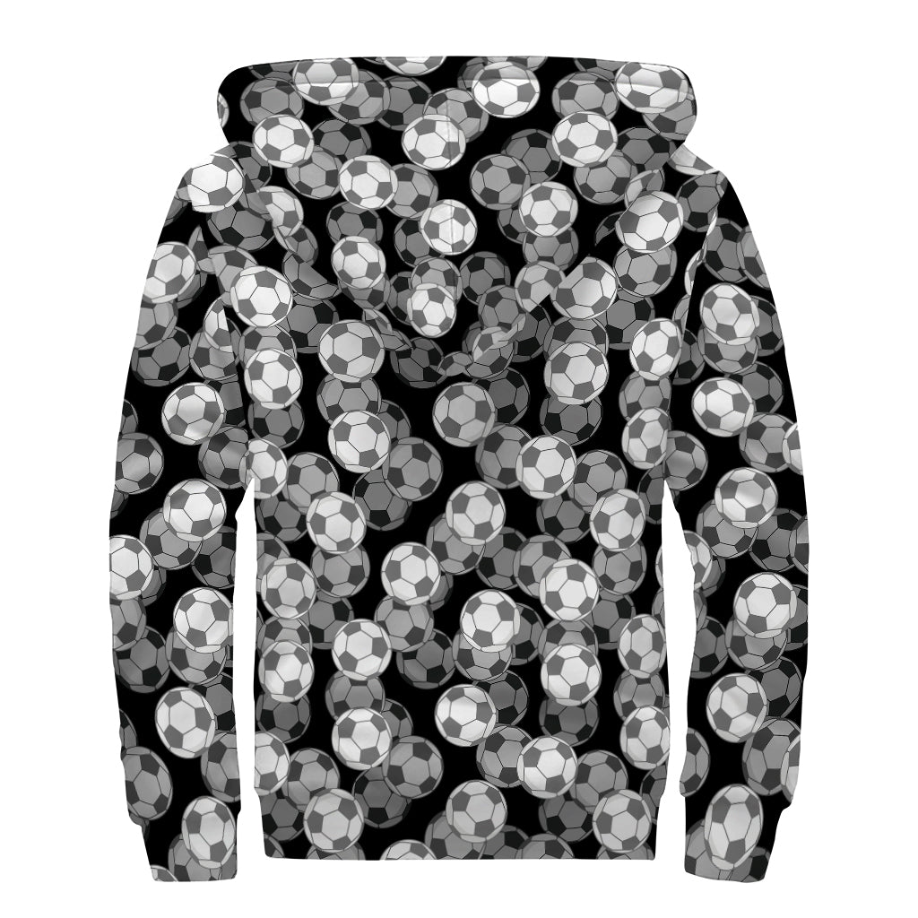 Black And White Soccer Ball Print Sherpa Lined Zip Up Hoodie