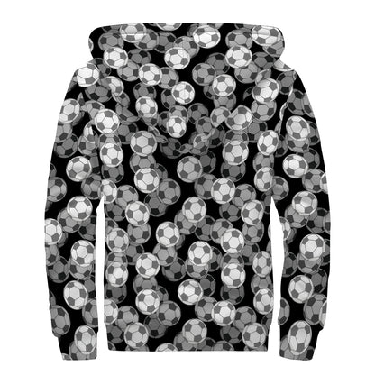 Black And White Soccer Ball Print Sherpa Lined Zip Up Hoodie