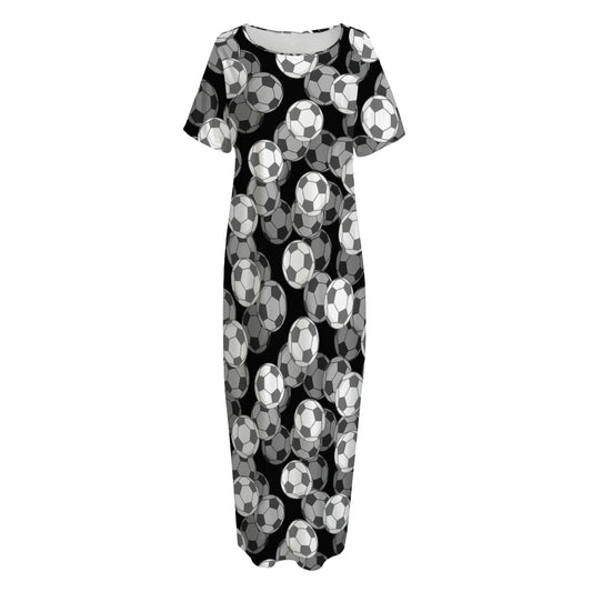Black And White Soccer Ball Print Short Sleeve Long Nightdress