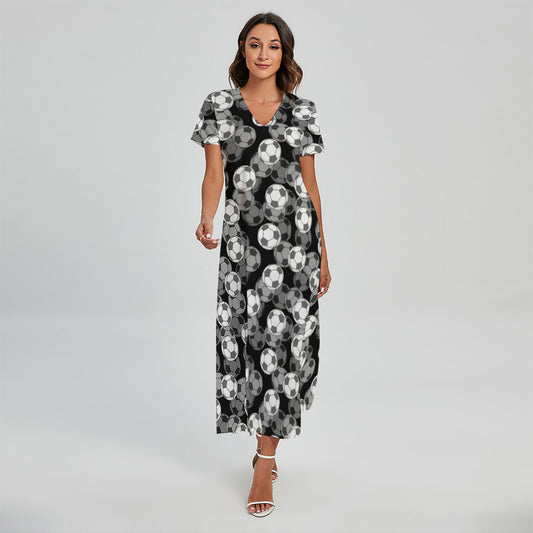 Black And White Soccer Ball Print Short Sleeve Maxi Dress