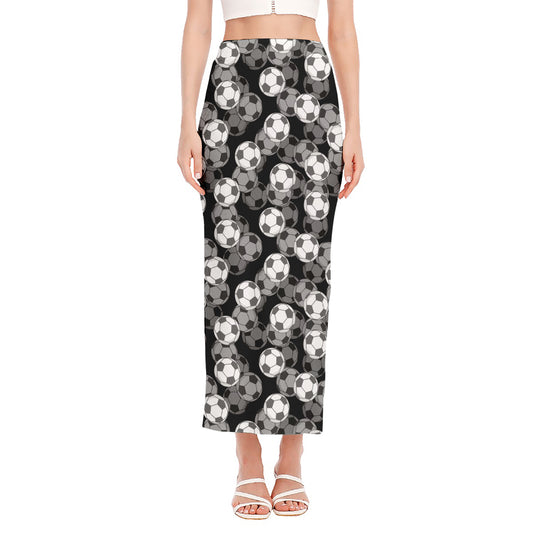 Black And White Soccer Ball Print Side Slit Maxi Skirt