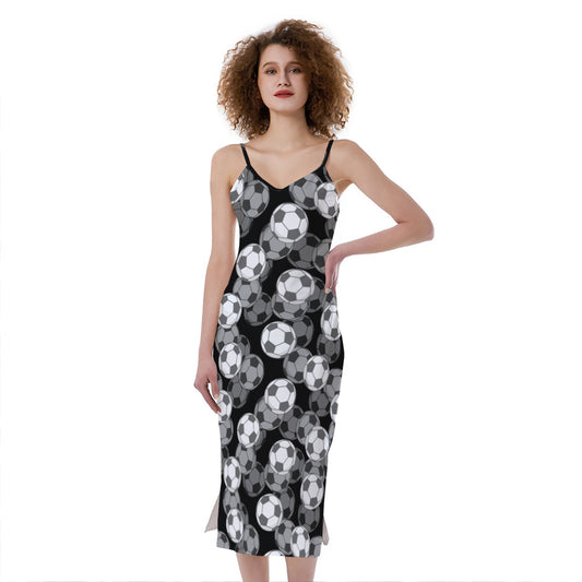 Black And White Soccer Ball Print Slim Fit Midi Cami Dress