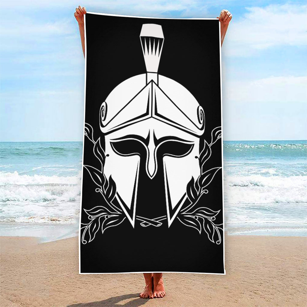 Black And White Spartan Helmet Print Beach Towel