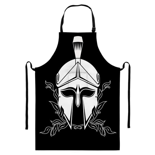 Black And White Spartan Helmet Print Bib Apron With Pocket