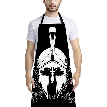 Black And White Spartan Helmet Print Bib Apron With Pocket
