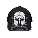 Black And White Spartan Helmet Print Black Mesh Trucker Cap