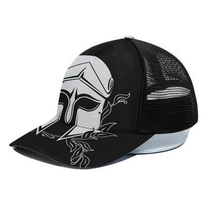 Black And White Spartan Helmet Print Black Mesh Trucker Cap