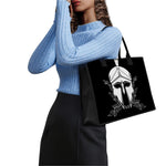 Black And White Spartan Helmet Print Canvas Tote Bag