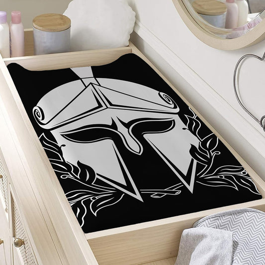 Black And White Spartan Helmet Print Changing Pad Cover