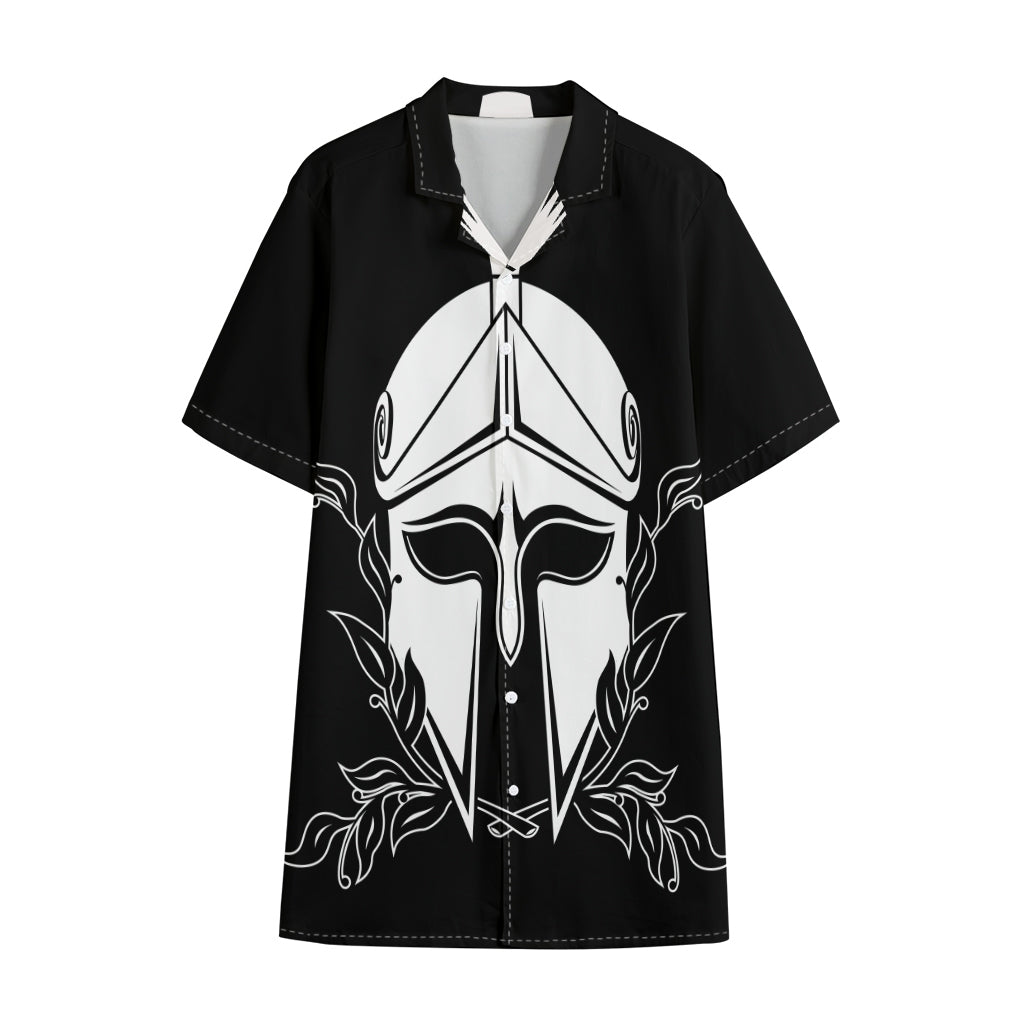 Black And White Spartan Helmet Print Cotton Hawaiian Shirt