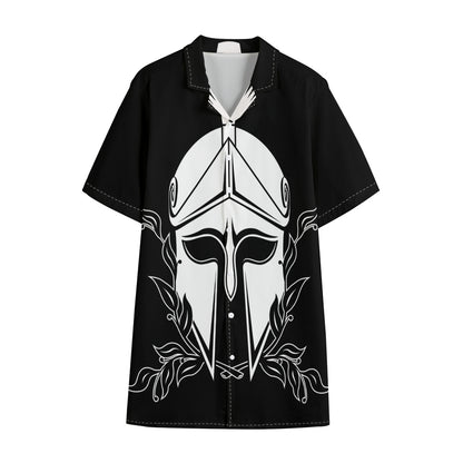 Black And White Spartan Helmet Print Cotton Hawaiian Shirt