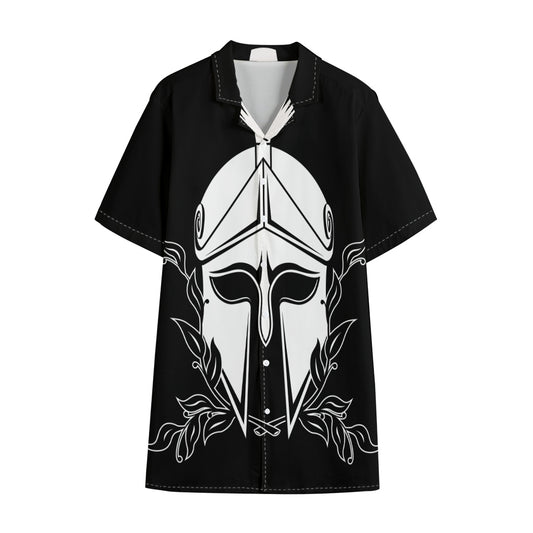 Black And White Spartan Helmet Print Cotton Hawaiian Shirt