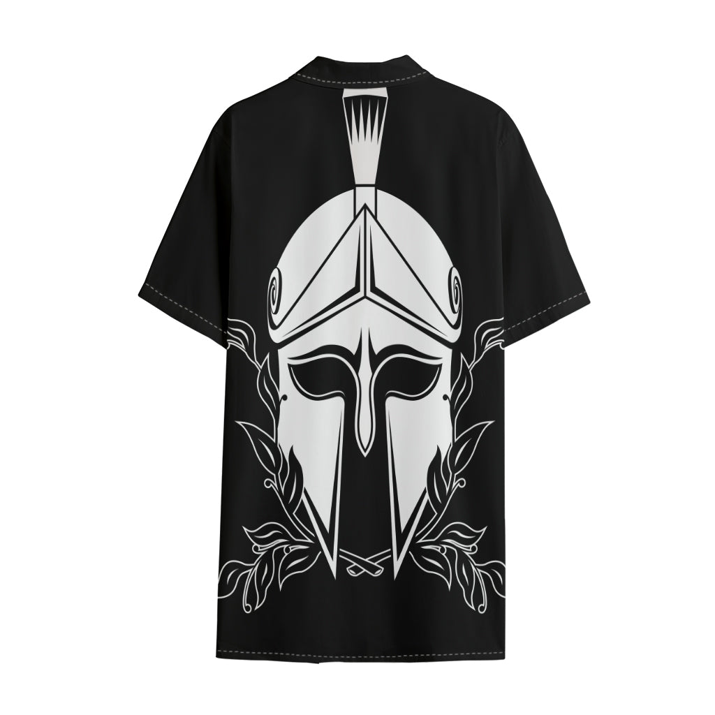 Black And White Spartan Helmet Print Cotton Hawaiian Shirt