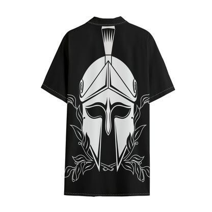 Black And White Spartan Helmet Print Cotton Hawaiian Shirt