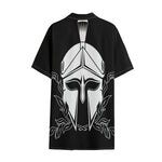 Black And White Spartan Helmet Print Cotton Hawaiian Shirt